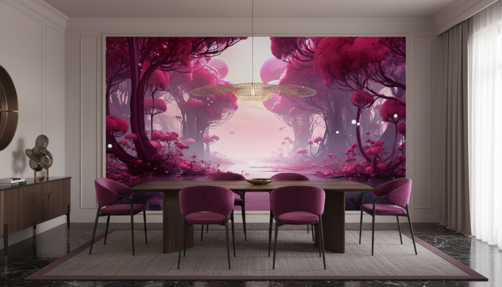 Forêt Enchantée Rose avec Rivière et Lumière Mystique - Salle à manger