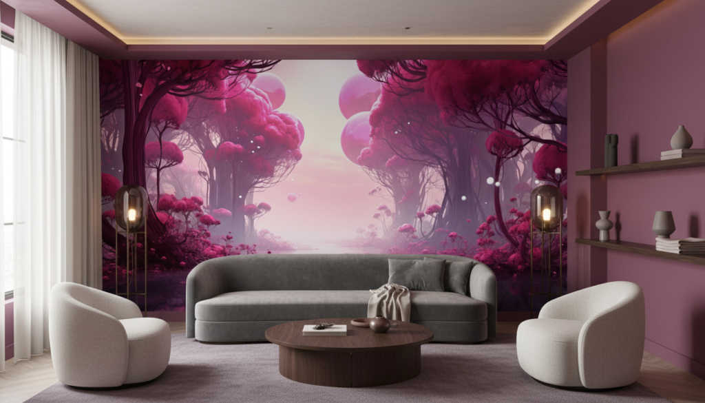 Forêt Enchantée Rose avec Rivière et Lumière Mystique - Salon / Séjour