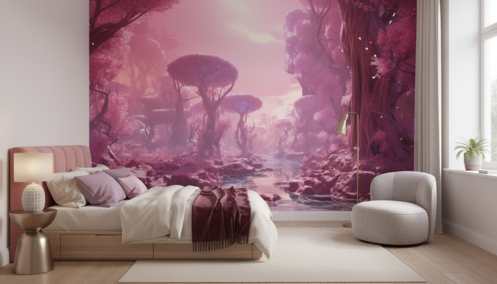 Forêt enchantée rose et violette aux reflets magiques dorés - Chambre ado