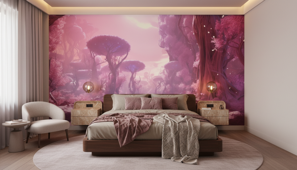 Forêt enchantée rose et violette aux reflets magiques dorés - Chambre adulte