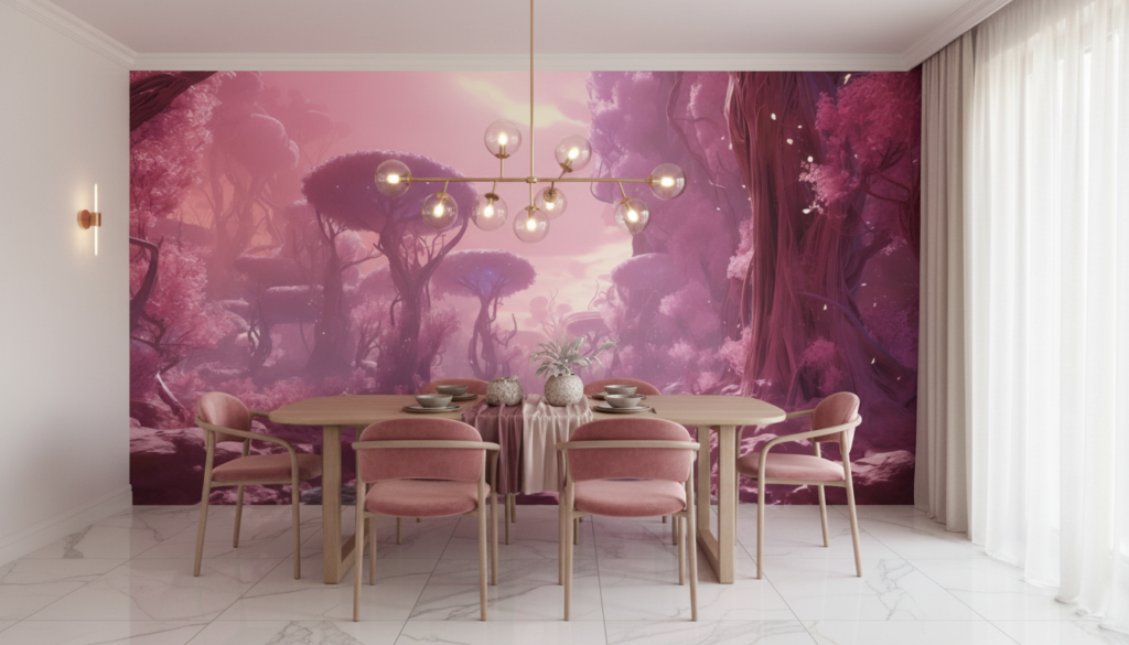Forêt enchantée rose et violette aux reflets magiques dorés - Salle à manger