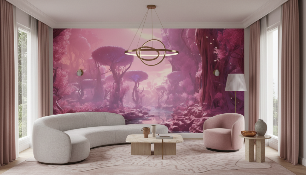 Forêt enchantée rose et violette aux reflets magiques dorés - Salon / Séjour
