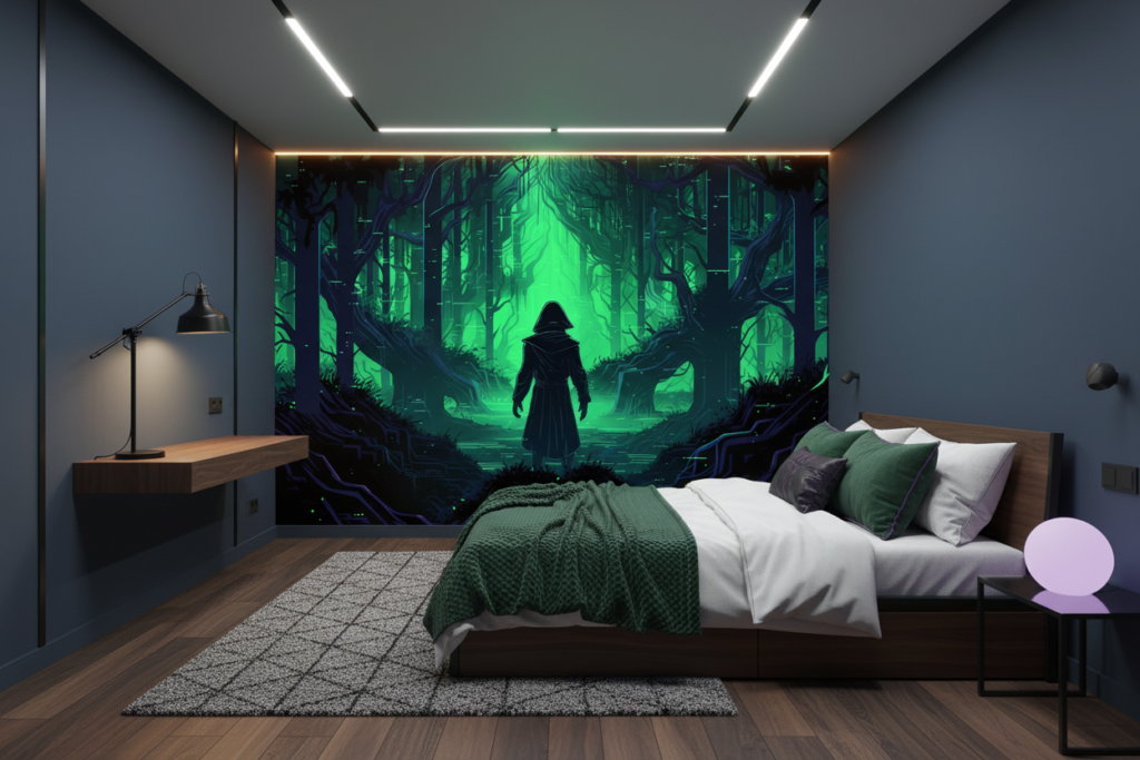 Forêt Mystique Cyberpunk - Sorcier dans Lumière Verte Éthérée - Chambre ado