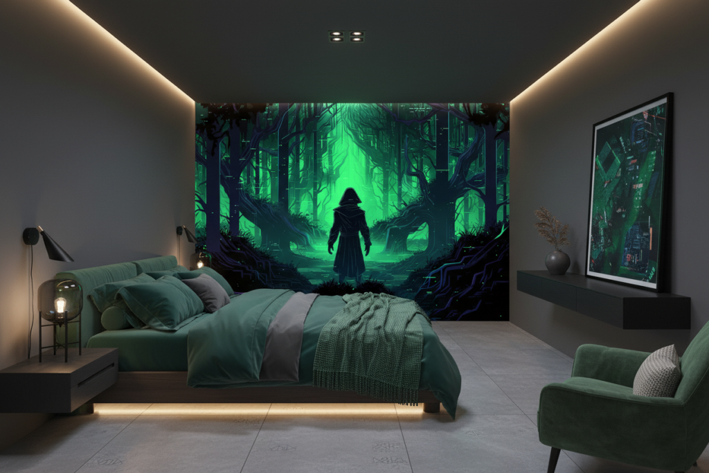 Forêt Mystique Cyberpunk - Sorcier dans Lumière Verte Éthérée - Chambre adulte