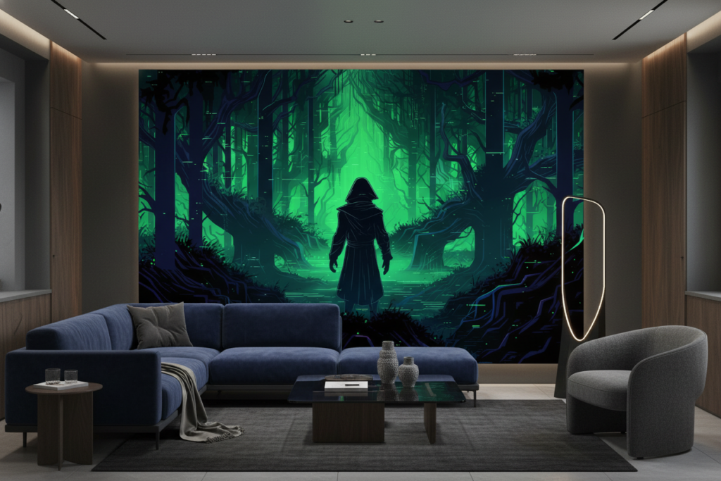 Forêt Mystique Cyberpunk - Sorcier dans Lumière Verte Éthérée - Salon / Séjour
