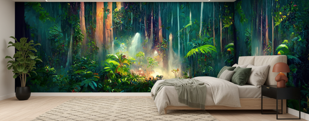 Forêt Tropicale Mystique avec Rayons de Lumière Dorée - Chambre adulte