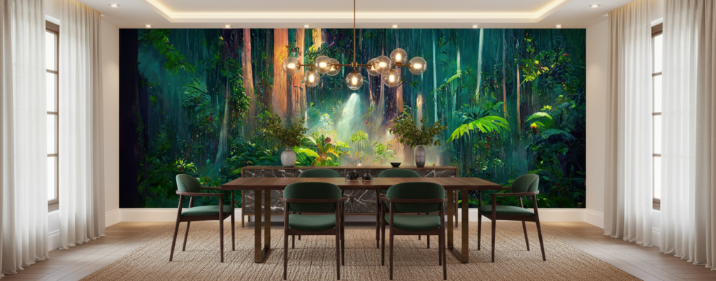 Forêt Tropicale Mystique avec Rayons de Lumière Dorée - Salle à manger
