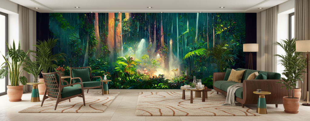 Forêt Tropicale Mystique avec Rayons de Lumière Dorée - Salon / Séjour