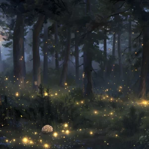 Forêt Enchantée aux Lucioles Dorées et Atmosphère Mystique Nocturne