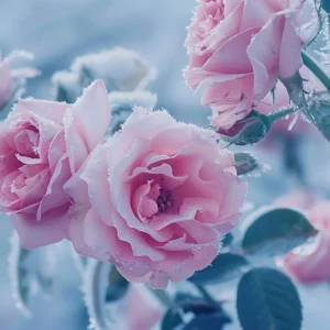 Papier Peint Roses Romantiques Givrées aux Tons Pastel Bleus