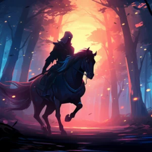 Cavalier Mystique dans la Forêt Enchantée au Coucher du Soleil