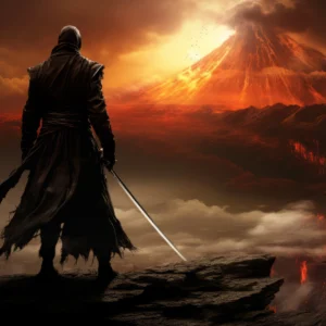 Guerrier Mystique Face au Volcan en Éruption Spectaculaire