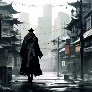 Papier Peint Samouraï dans Rue Traditionnelle Japonaise Enneigée