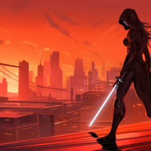 Papier peint cyberpunk guerrière futuriste ville rouge orange