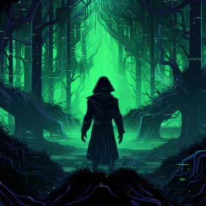 Forêt Mystique Cyberpunk - Sorcier dans Lumière Verte Éthérée