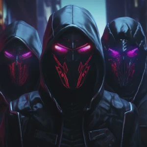 Papier Peint Futuriste Cyberpunk Trio de Guerriers Masqués Néon