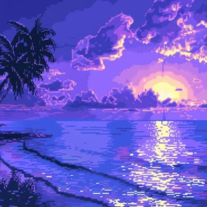 Coucher de soleil tropical pixel art océan palmiers violet