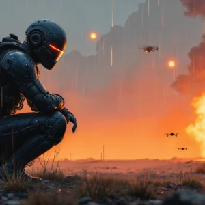 Soldat futuriste contemplant bataille spatiale apocalyptique coucher soleil