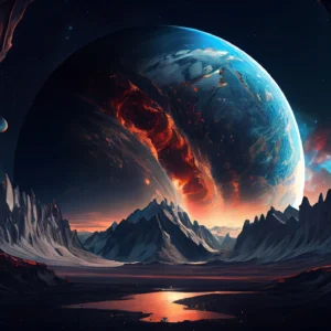 Paysage Spatial Volcanique avec Planète et Montagnes Dramatiques