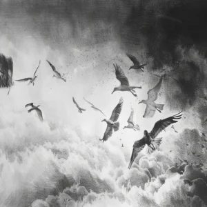 Papier peint artistique oiseaux en vol dans nuages dramatiques noir et blanc