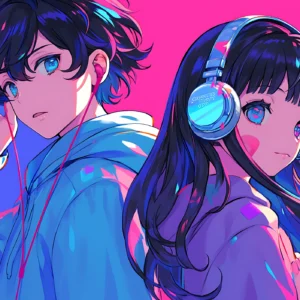 Papier Peint Anime Duo Musical Néon Rose Bleu