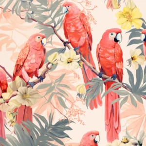 Papier peint tropical avec perroquets roses et fleurs exotiques