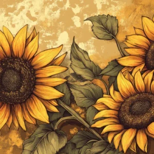 Papier peint tournesols dorés style vintage artistique chaleureux automnal