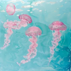 Papier peint méduses roses aquatiques fond turquoise style océanique