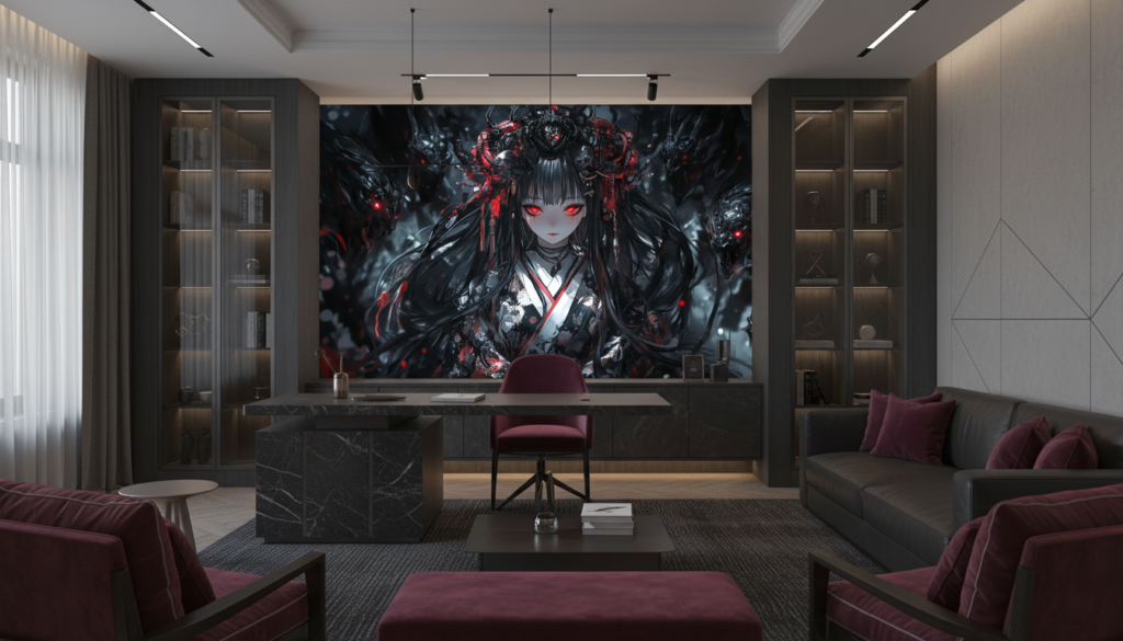 Guerrière Anime aux Yeux Rouges avec Armure Mécanique Sombre - Bureau