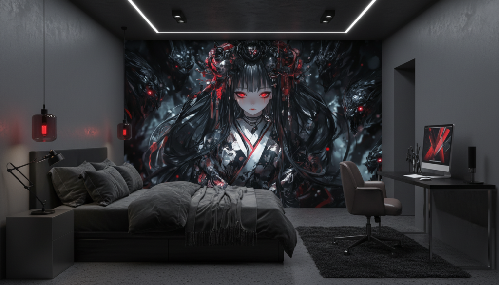 Guerrière Anime aux Yeux Rouges avec Armure Mécanique Sombre - Chambre ado
