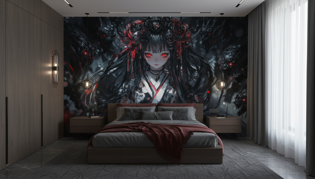 Guerrière Anime aux Yeux Rouges avec Armure Mécanique Sombre - Chambre adulte