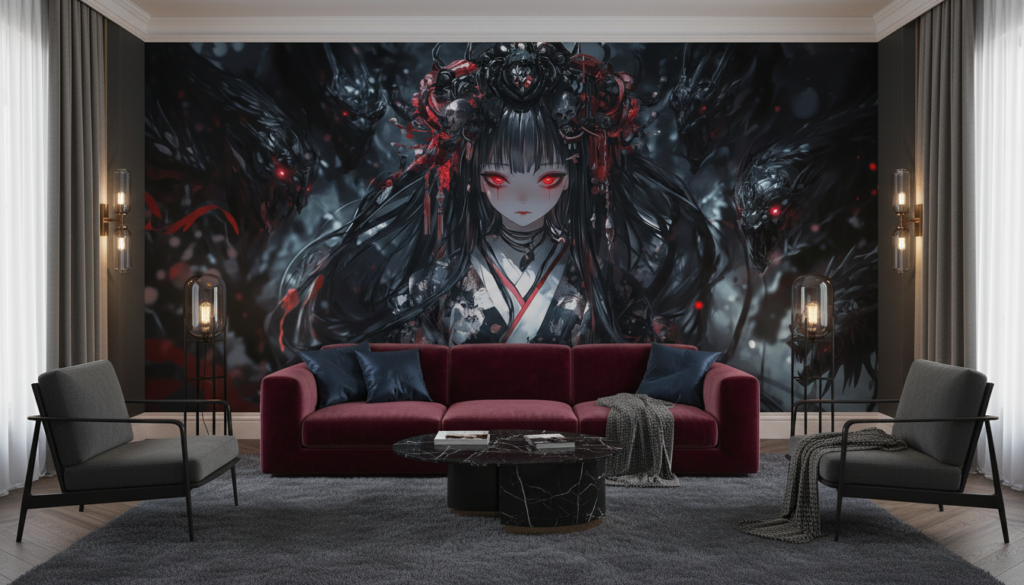 Guerrière Anime aux Yeux Rouges avec Armure Mécanique Sombre - Salon / Séjour