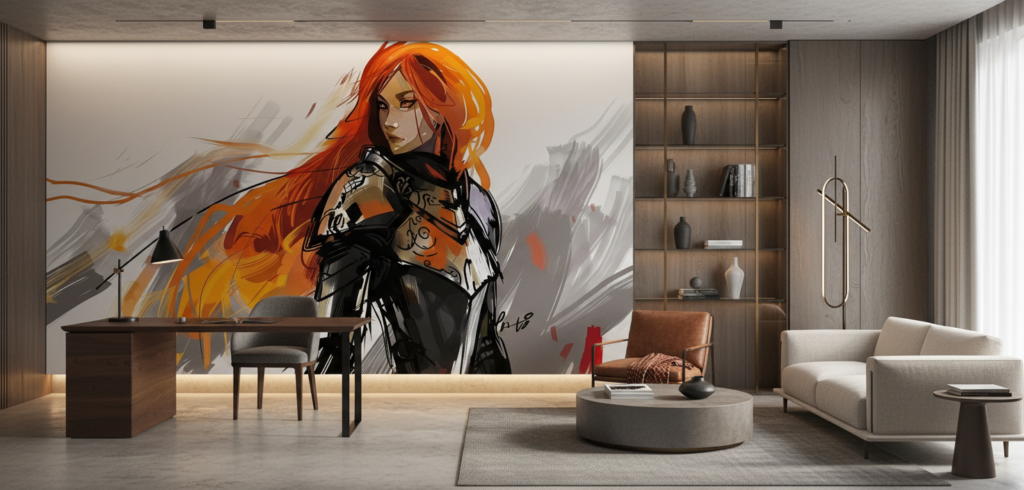 Guerrière aux cheveux flamboyants dans un style manga artistique - Bureau