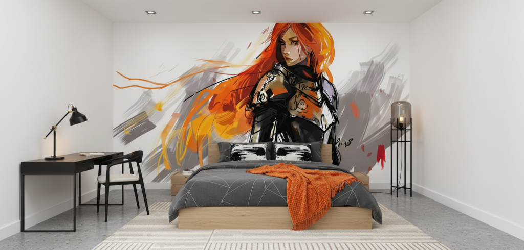 Guerrière aux cheveux flamboyants dans un style manga artistique - Chambre ado