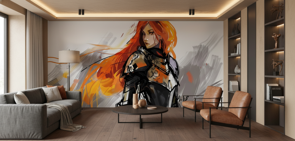 Guerrière aux cheveux flamboyants dans un style manga artistique - Salon / Séjour