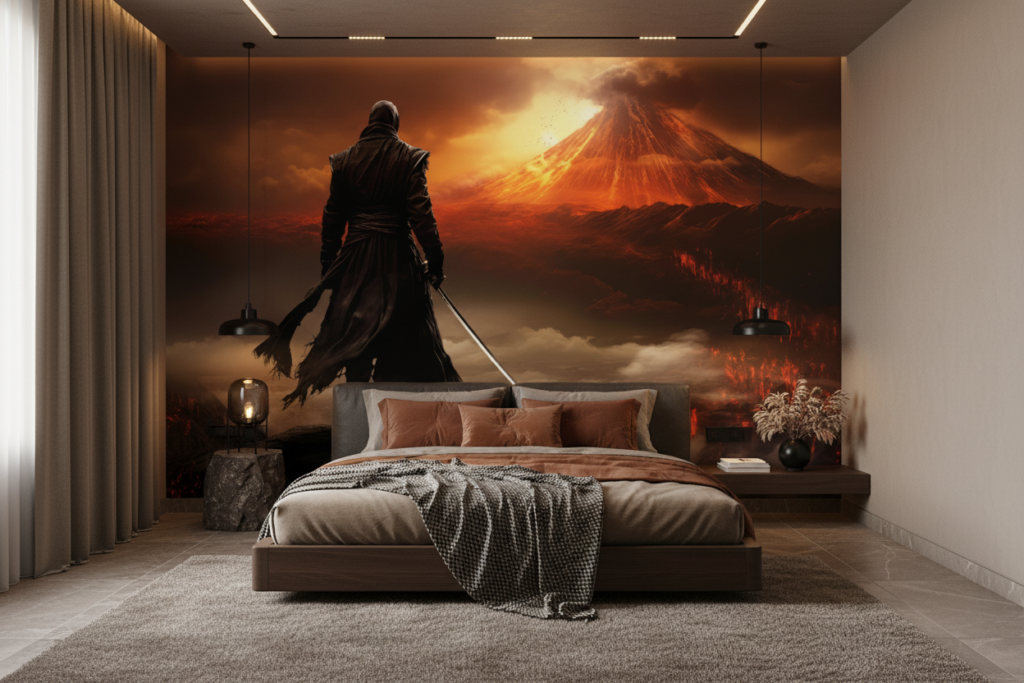 Guerrier Mystique Face au Volcan en Éruption Spectaculaire - Chambre adulte