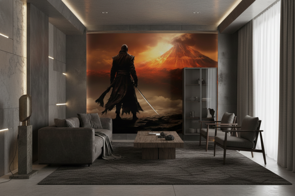 Guerrier Mystique Face au Volcan en Éruption Spectaculaire - Hôtel