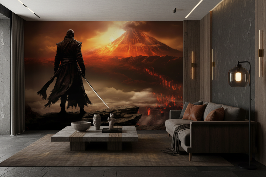 Guerrier Mystique Face au Volcan en Éruption Spectaculaire - Salon / Séjour