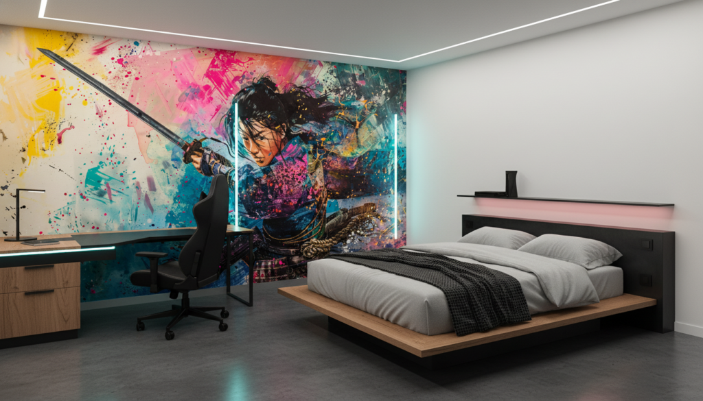 Guerrier Samouraï dans Explosion de Couleurs Artistiques Contemporaines - Chambre ado