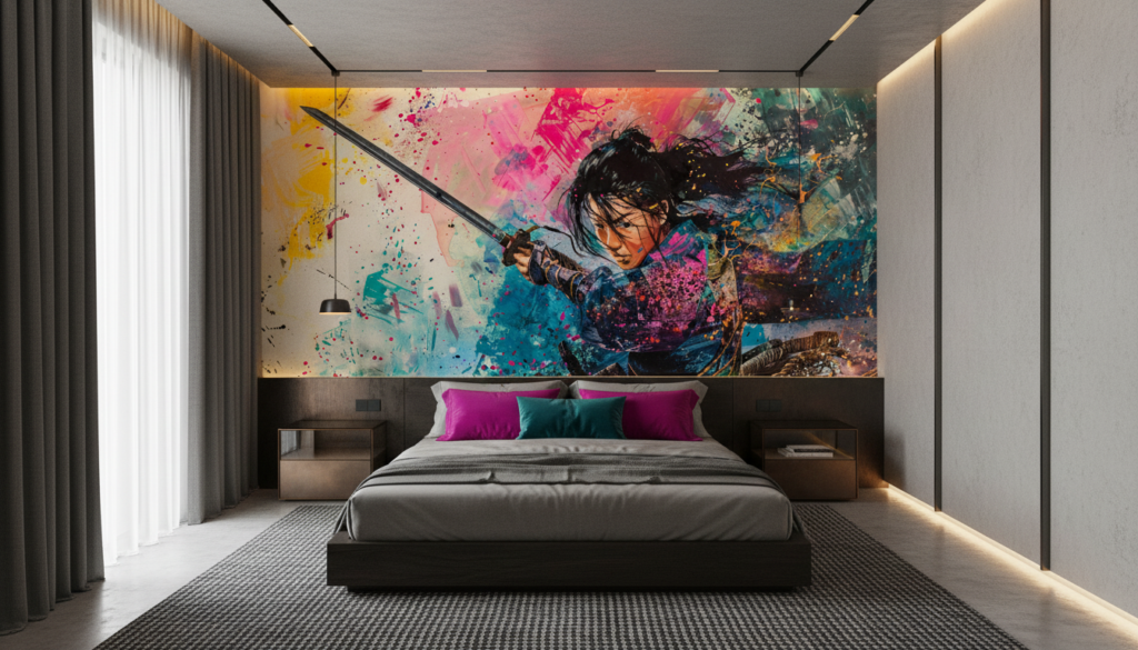Guerrier Samouraï dans Explosion de Couleurs Artistiques Contemporaines - Chambre adulte