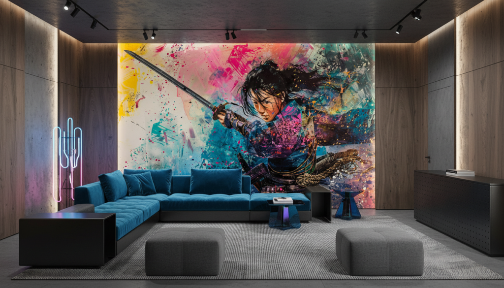 Guerrier Samouraï dans Explosion de Couleurs Artistiques Contemporaines - Salon / Séjour