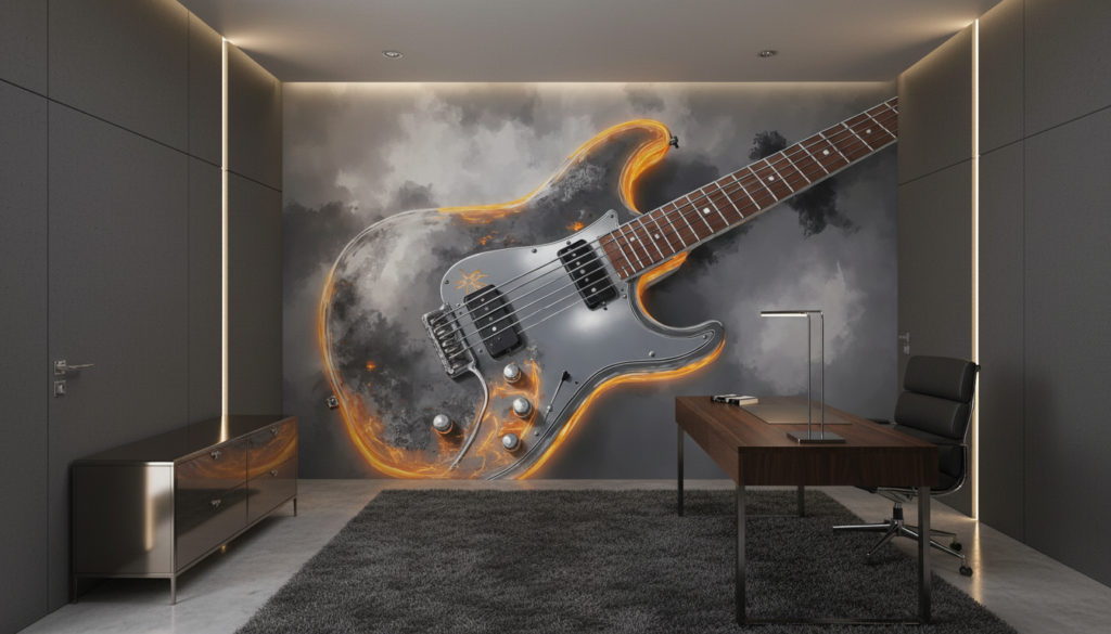 Guitare électrique en flammes sur fond de nuages dramatiques - Bureau