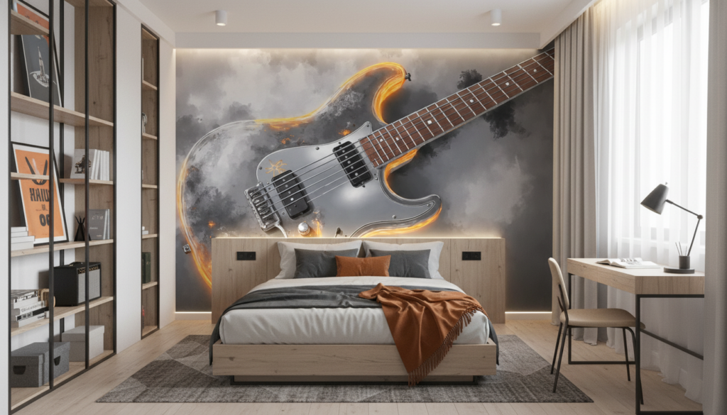 Guitare électrique en flammes sur fond de nuages dramatiques - Chambre ado