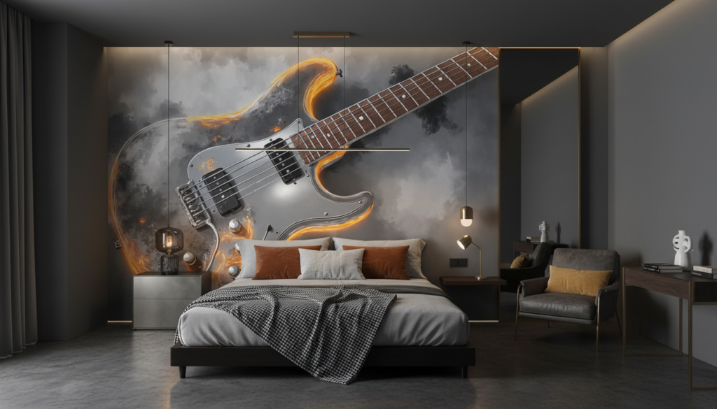 Guitare électrique en flammes sur fond de nuages dramatiques - Chambre adulte