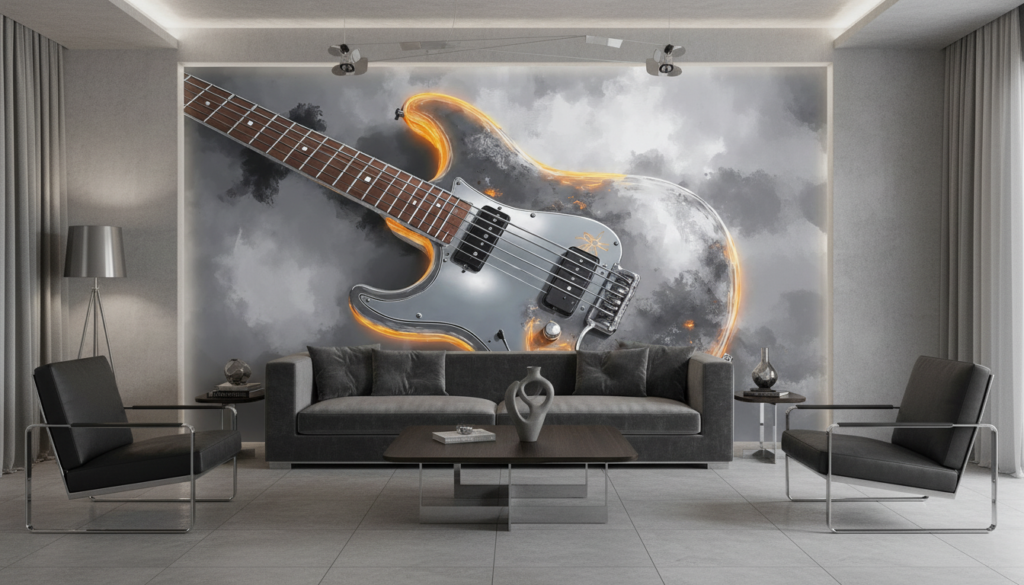 Guitare électrique en flammes sur fond de nuages dramatiques - Salon / Séjour