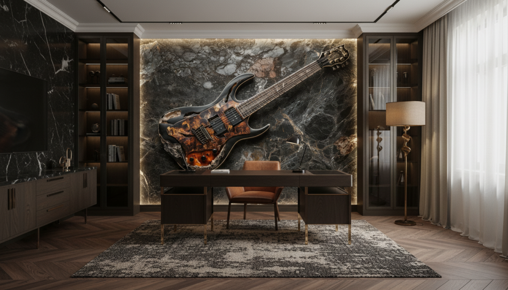Guitare électrique vintage sur fond de marbre noir veiné - Bureau