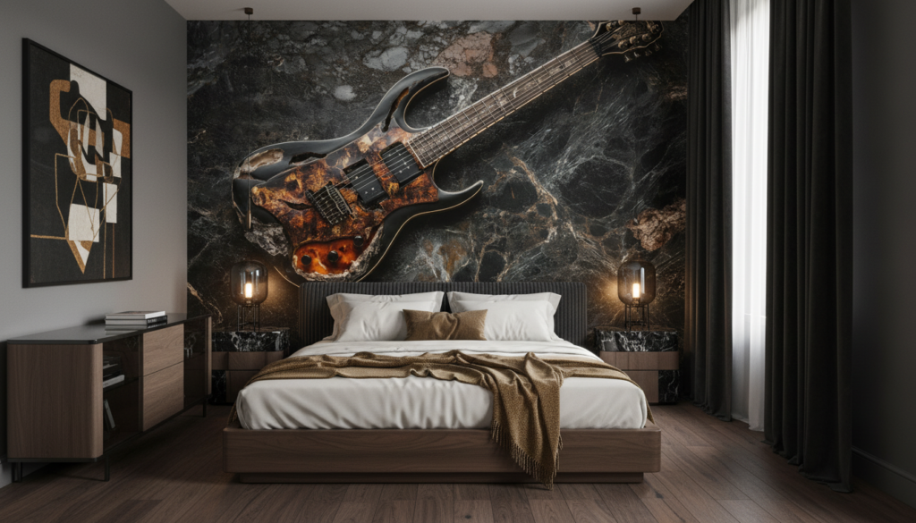 Guitare électrique vintage sur fond de marbre noir veiné - Chambre adulte