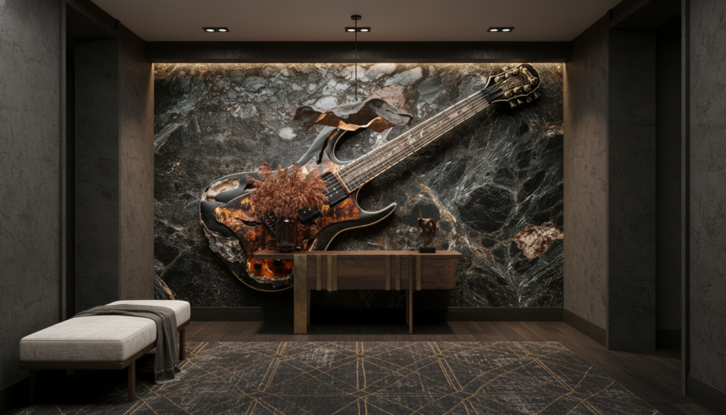 Guitare électrique vintage sur fond de marbre noir veiné - Entrée