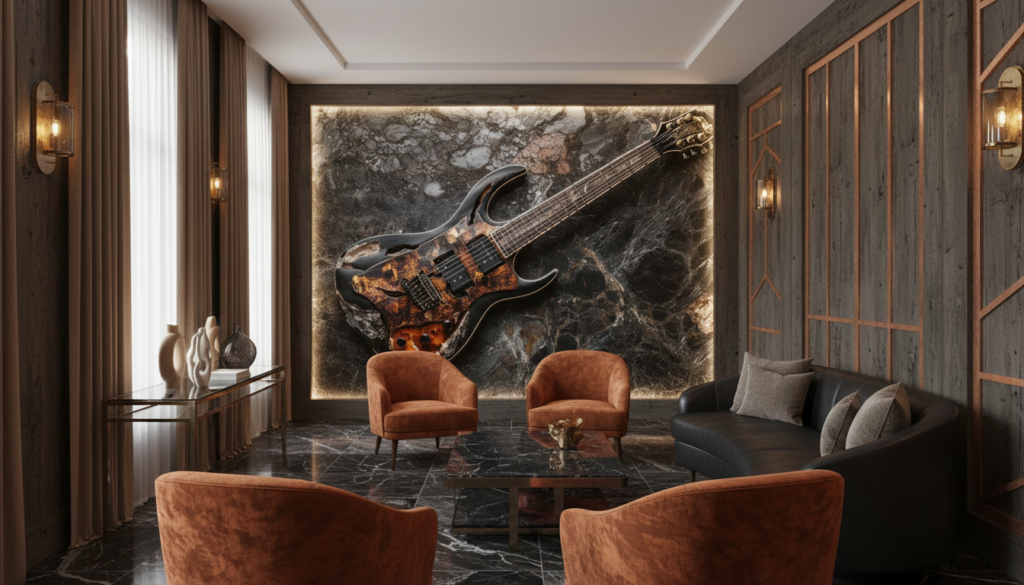 Guitare électrique vintage sur fond de marbre noir veiné - Hôtel