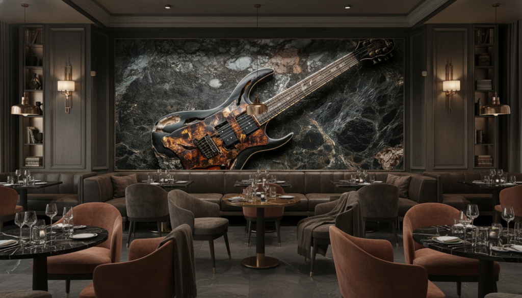 Guitare électrique vintage sur fond de marbre noir veiné - Restaurant